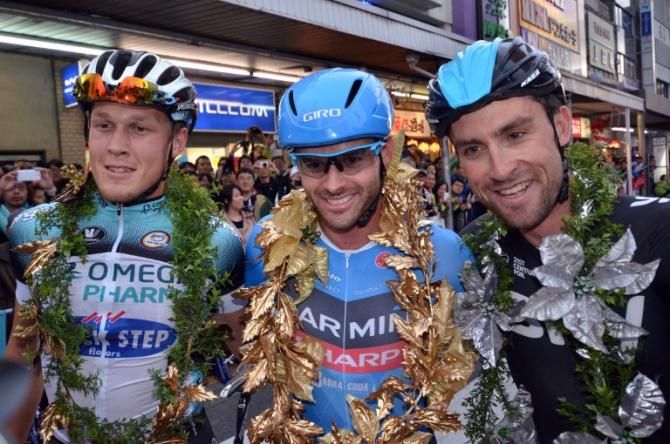 The Japan Cup podium: Matteo Trentin, Steele von Hoff and Bernhard Eisel