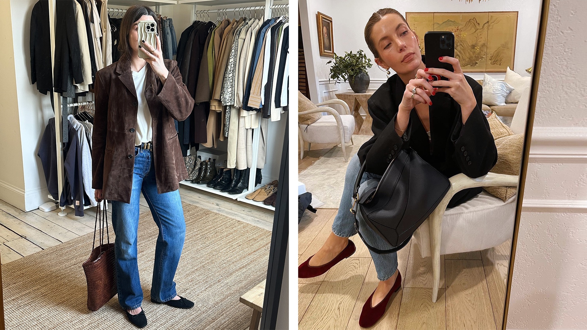 fashion collage of British fashion influencer Anna Newton and NYC-based influencer Courtney Grow wearing chic fall outfit ideas with a brown suede blazer, jeans, woven leather bag, straight-leg jeans, a black blazer, jeans, and burgundy flats