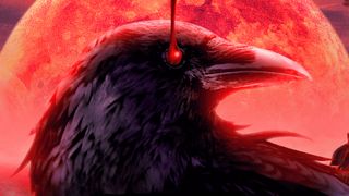 A crow with a drop of blood falling upwards from its eye sits in front of a blood-red moon