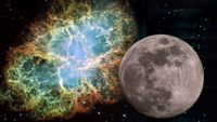 A view of the moon in front of a bright, patchy, blue and yellow nebula. 