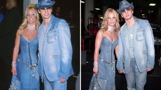 Two photos of Britney Spears and Justin Timberlake in their matching denim outfits