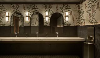 Bathroom area with a whimsical wallpaper