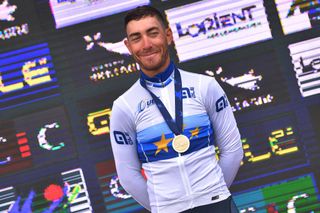 PLOUAY FRANCE AUGUST 26 Podium Giacomo Nizzolo of Italy Gold Medal European Champion Jersey Celebration during the 26th UEC Road European Championships 2020 Mens Elite a 17745km race from Plouay to Plouay UECcycling EuroRoad20 on August 26 2020 in Plouay France Photo by Luc ClaessenGetty Images
