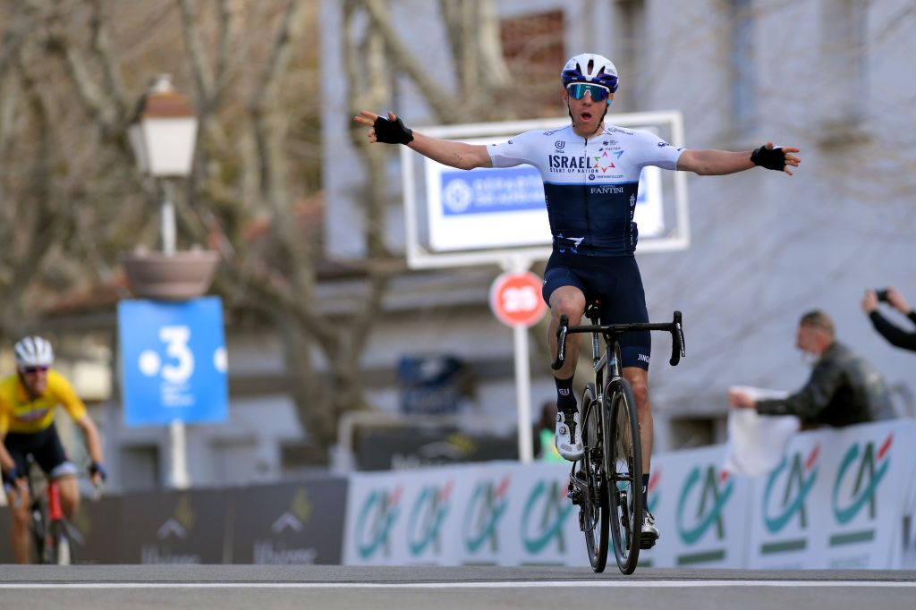FAYENCE FRANCE FEBRUARY 20 Arrival Michael Woods of Canada and Team Israel StartUp Nation celebrate Bauke Mollema of Netherlands and Team Trek Segafredo Yellow Leader Jersey during the 53rd Tour Des Alpes Maritimes Et Du Var Stage 2 a 1689km stage from Fayence to Fayence 357m letour0683 on February 20 2021 in Fayence France Photo by Luc ClaessenGetty Images