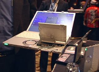 The new Toughbooks have a unique flip-up disc drive that only weighs 46 grams. Company reps told us that traditional drives weigh around 200 grams.