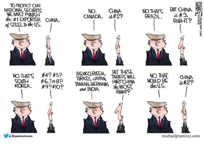 Political cartoon U.S. Trump trade war tariffs steel industry China