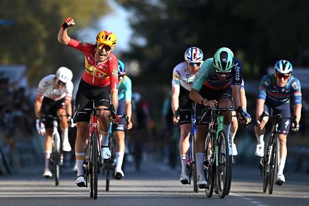 BANYOLES, SPAIN - MARCH 24: Stage winner Magnus Cort of Denmark and Team Uno-X Mobility celebrates at finish line as stage winner ahead of Noa Isidore of France and Team Decathlon CMA CGM during the 105th Volta a Catalunya 2026, Stage 2 a 167.4km stage from Figueres to Banyoles / #UCIWT / on March 24, 2026 in Banyoles, Spain. (Photo by Szymon Gruchalski/Getty Images)
