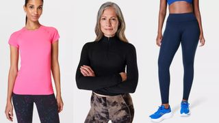 A collection of clothes by Sweaty Betty, one of the best British sportswear brands, including leggings, athlete t-shirt, and half-zip