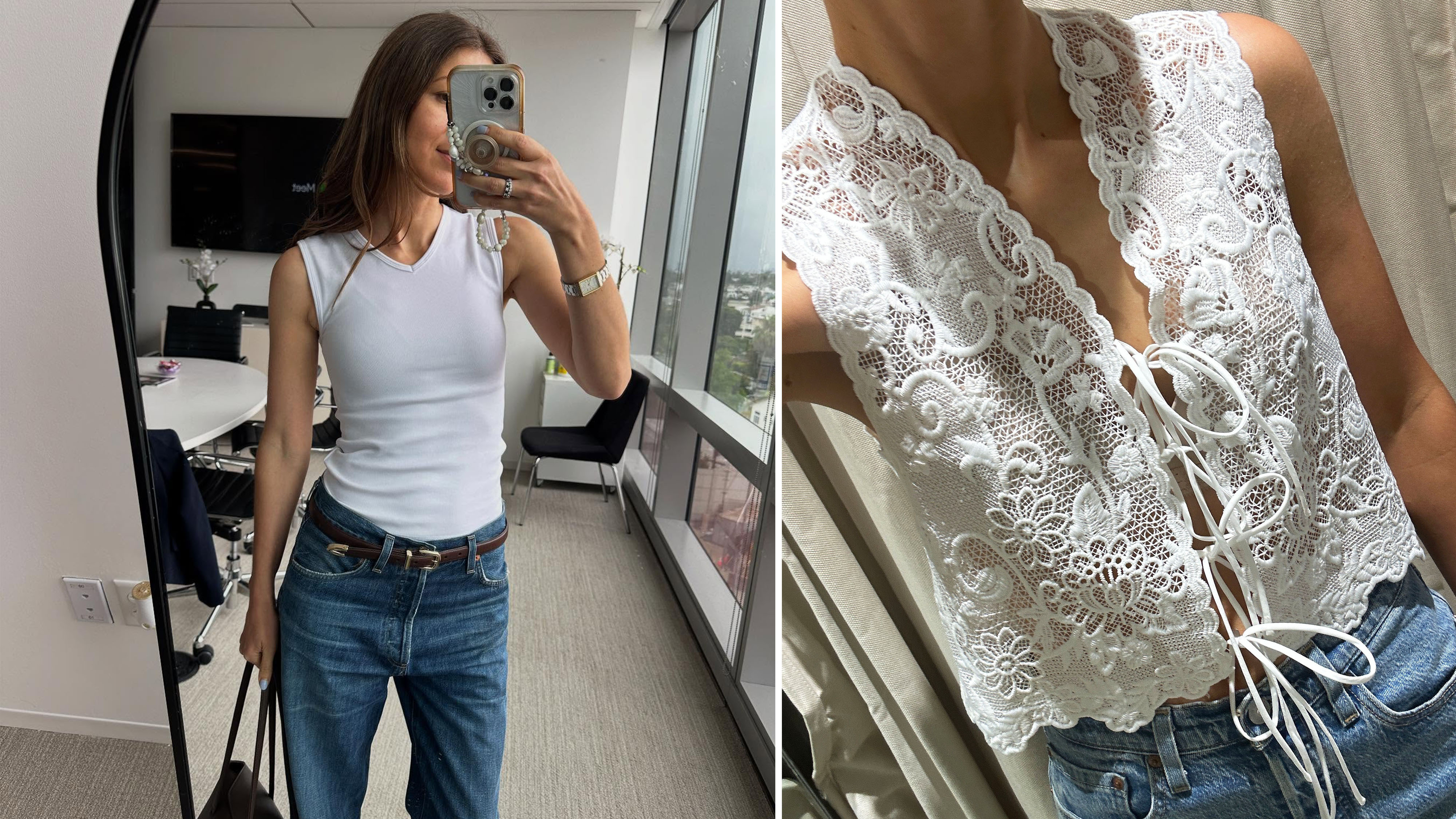 Woman in white top and jeans