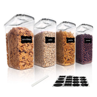 Four airtight food storage containers with different types of cereal