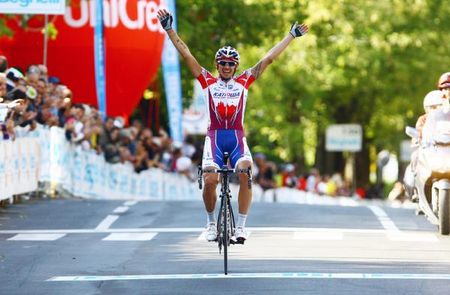 Time to celebrate for Filippo Pozzato as he wins the GP Beghelli.