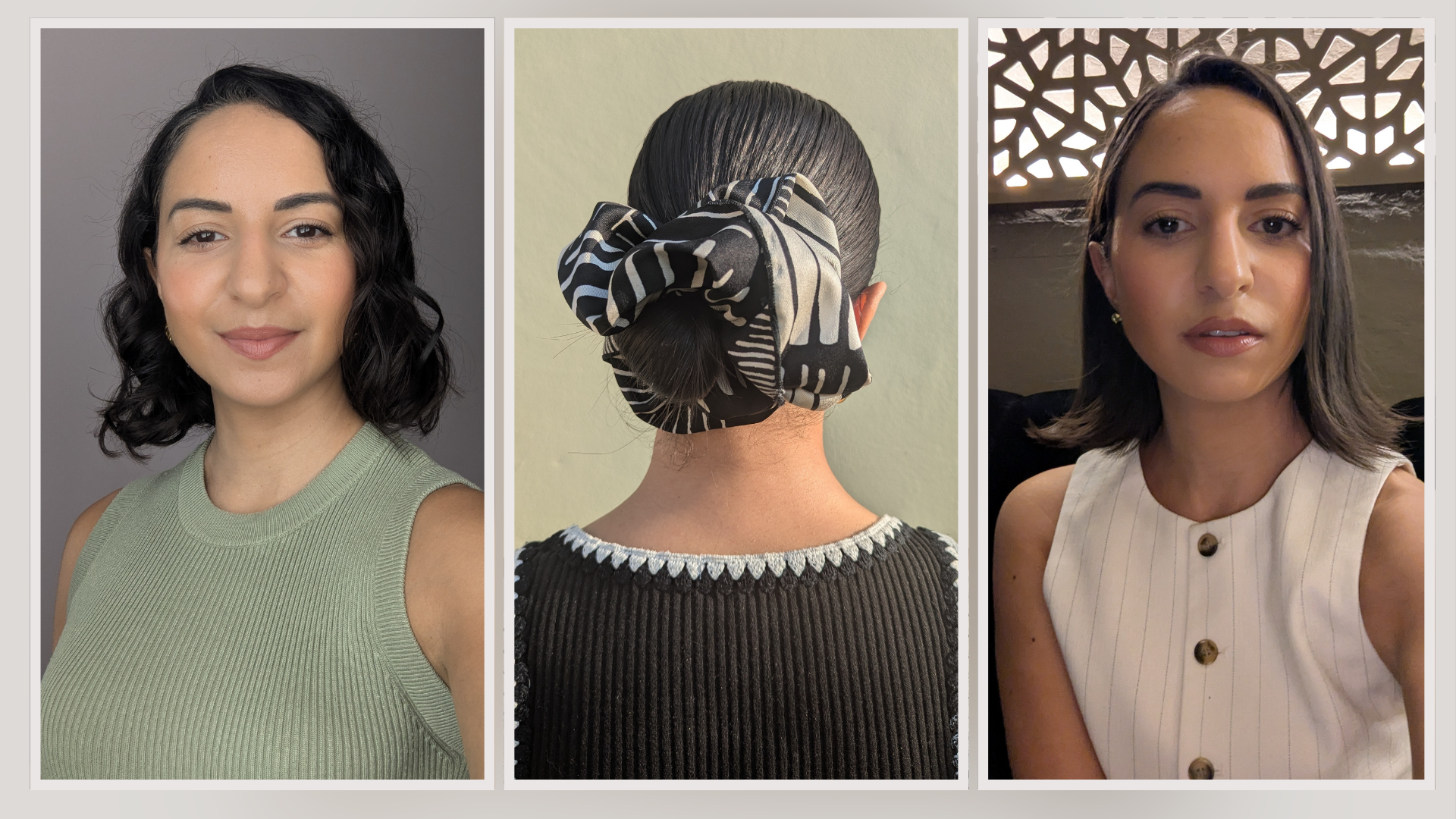 Jazzria Harris styles her bob length hair curly, flicked out and into a slicked back bun