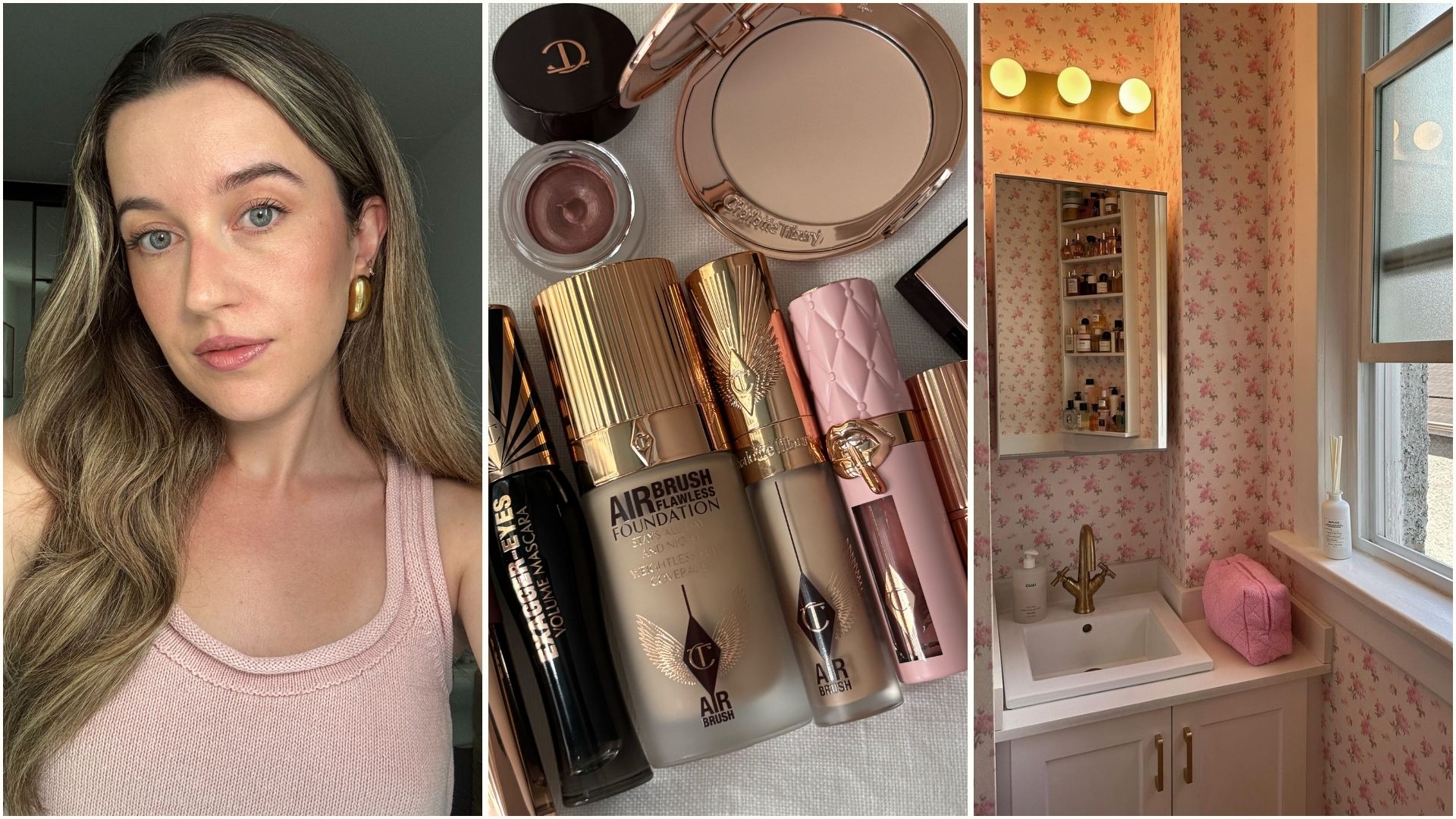 A collage of the best charlotte tilbury products next to a pretty pink bathroom picture
