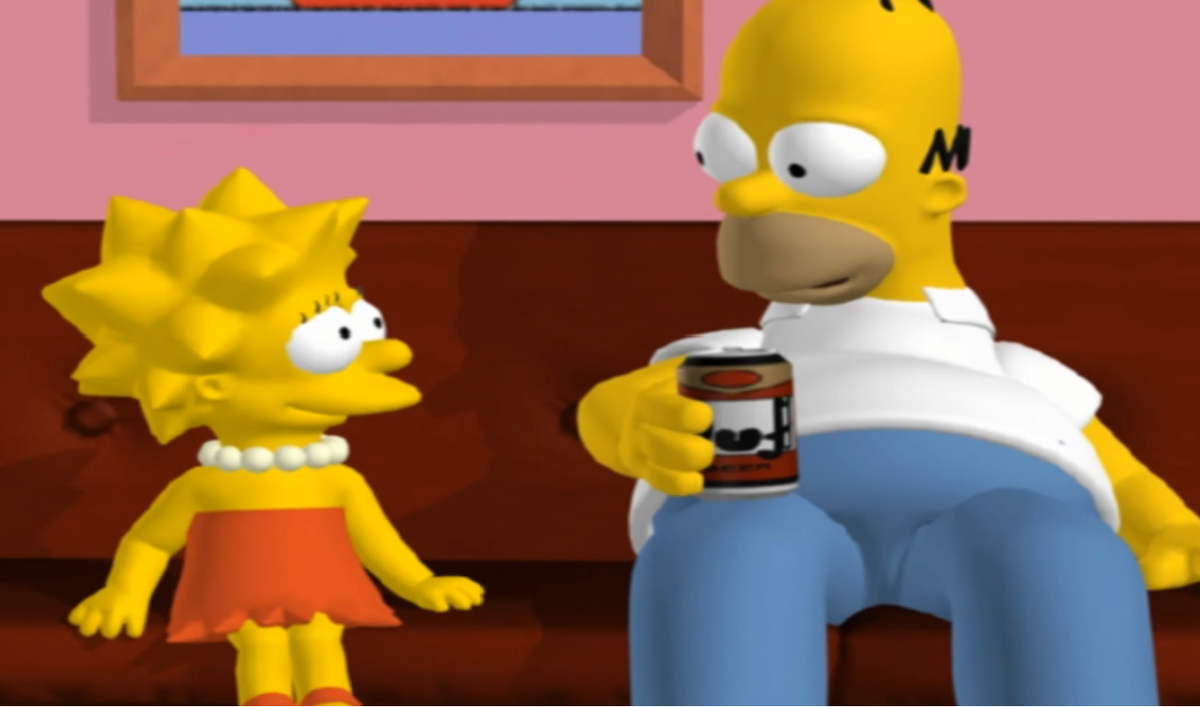 3D videogame versions of Homer and Lisa Simpson sit on the couch in a screenshot from The Simpsons: Hit &amp; Run.