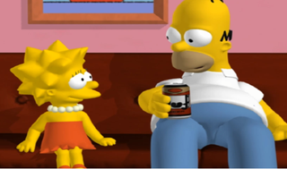 3D videogame versions of Homer and Lisa Simpson sit on the couch in a screenshot from The Simpsons: Hit & Run.