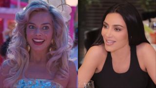 Margot Robbie as Barbie and Kim Kardashian sitting at a table smiling 