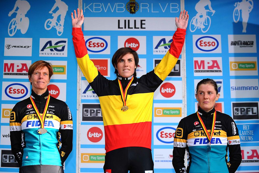 Ellen Van Loy, Sanne Cant and Femke Loes Sels on the Belgian women's podium.