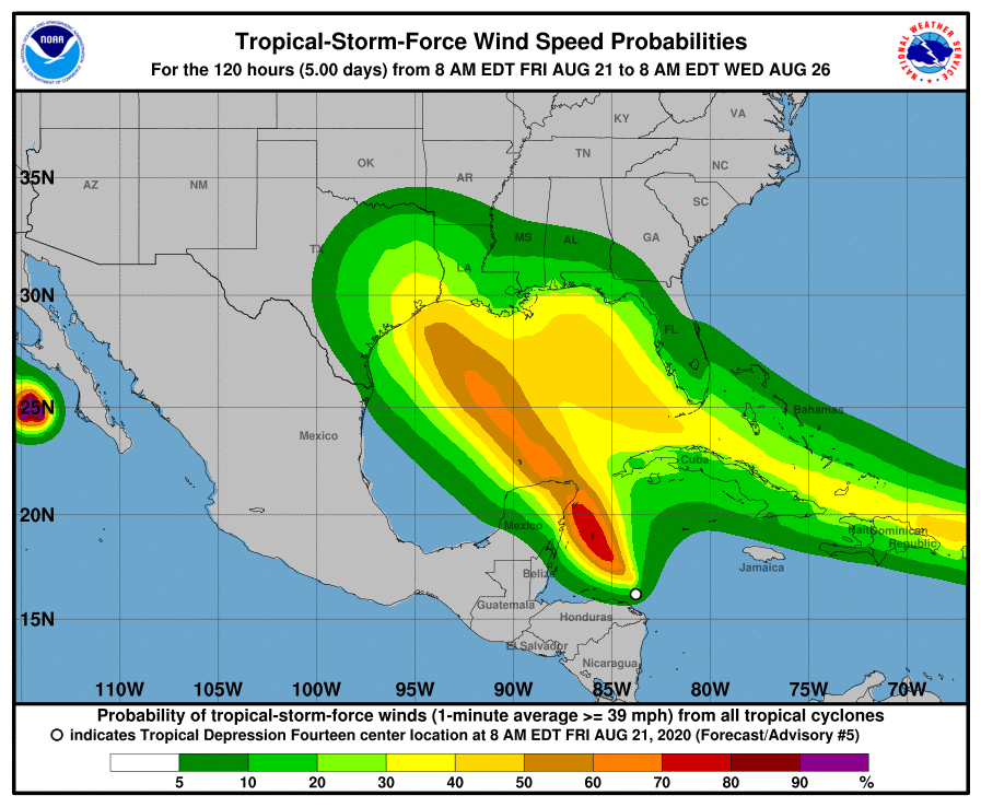 A map shows where at least tropical storm-force winds are expected in the coming days as the two storm systems approach one another in the Gulf of Mexico. Tropical Storm Laura&#039;s winds are seen approaching from the east.