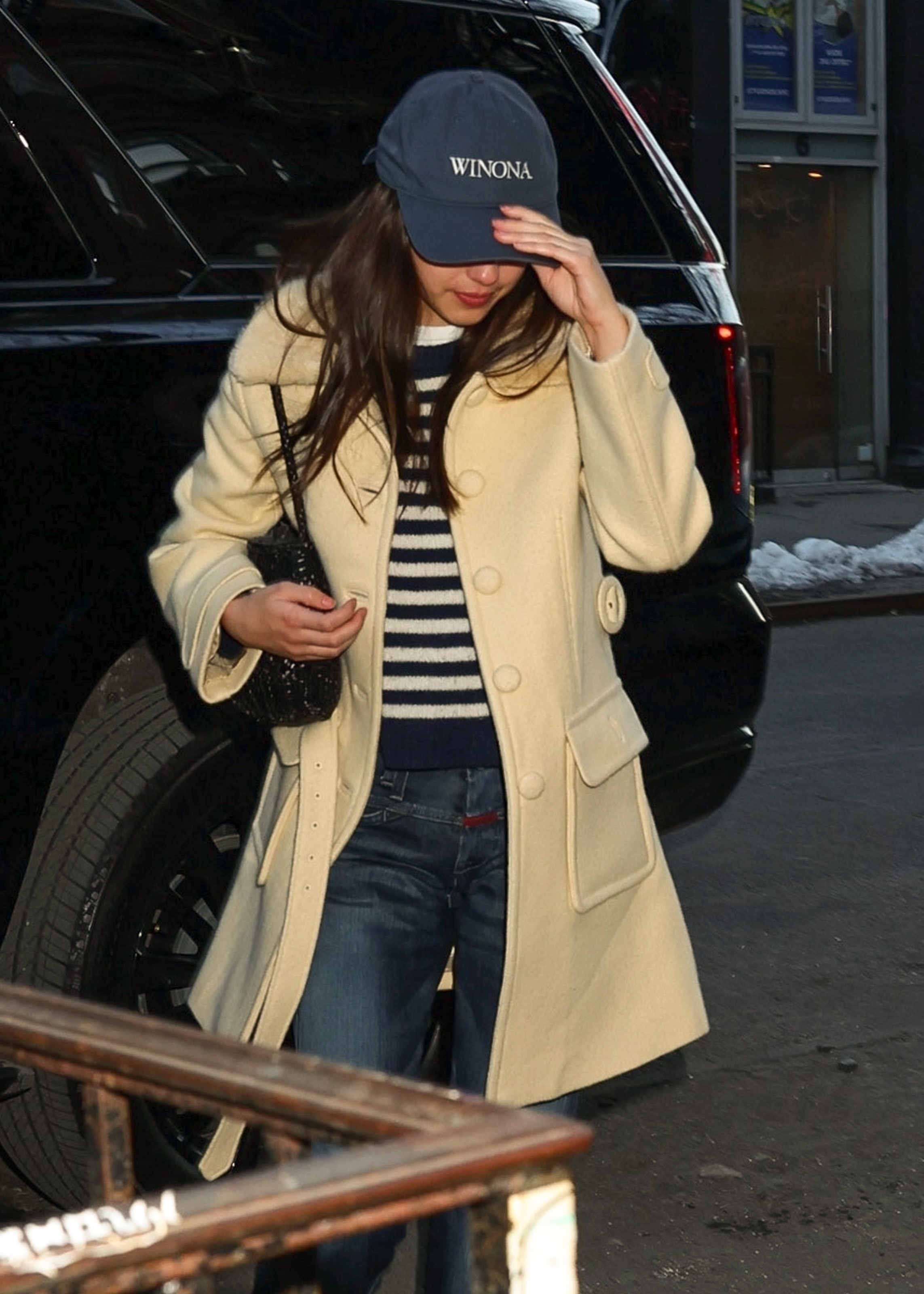 Olivia Rodrigo styled a D&amp;ouml;en jacket with straight-leg jeans, a striped sweater, and Repetto ballet flats