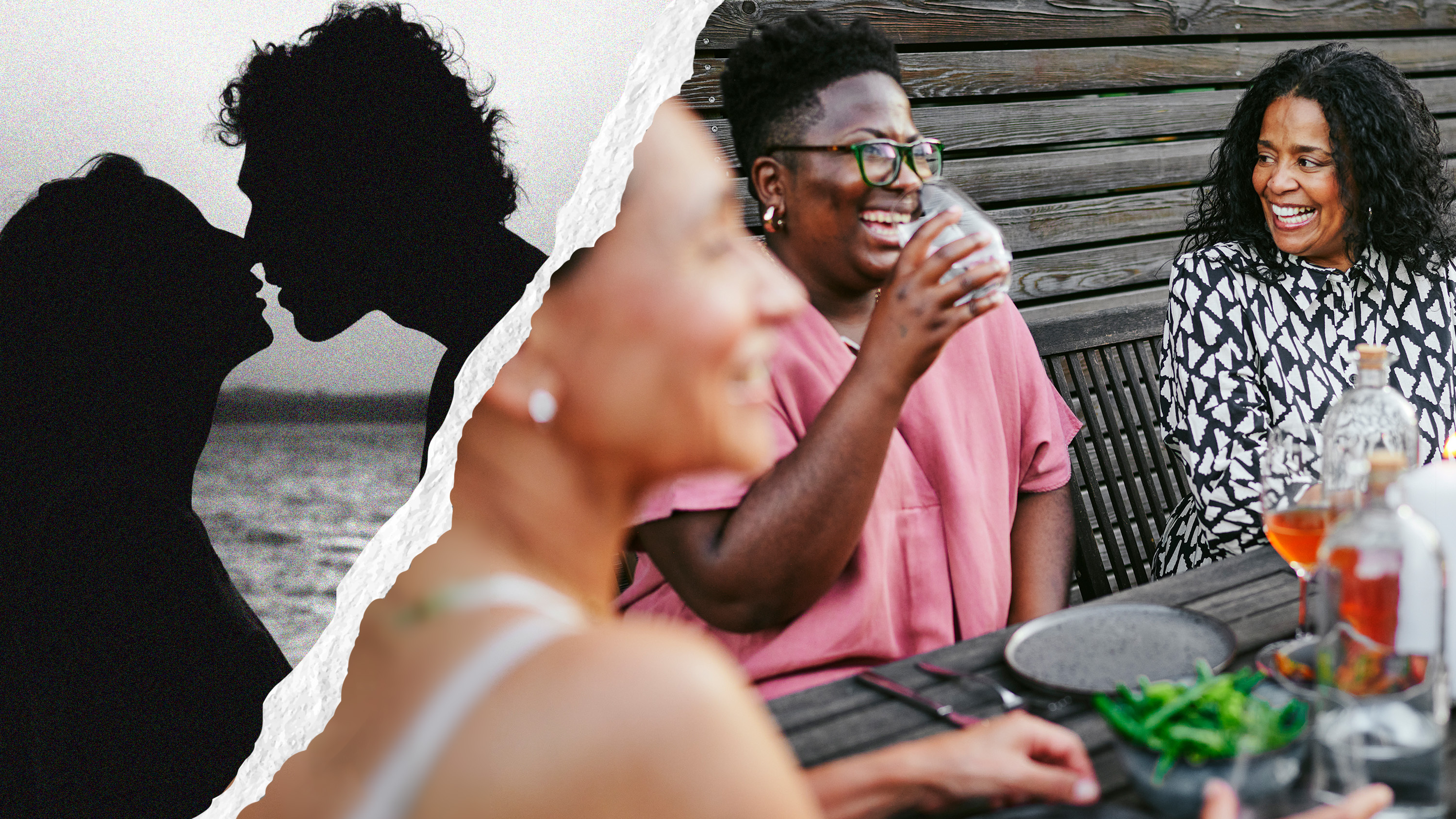 On the left, a silhouette of two people about to kiss. On the right, a group of friends laughing and talking over drinks at an outdoor table.