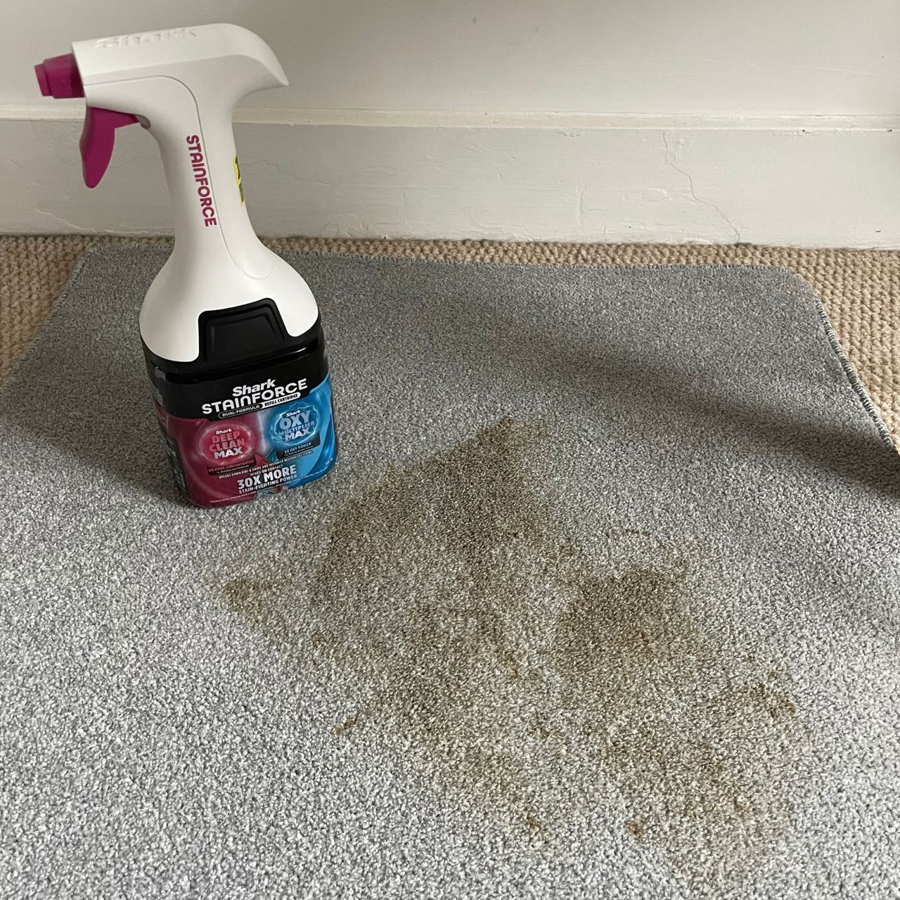 Shark Stainforce Spot Cleaner bottle next to a coffee stain on a grey carpet