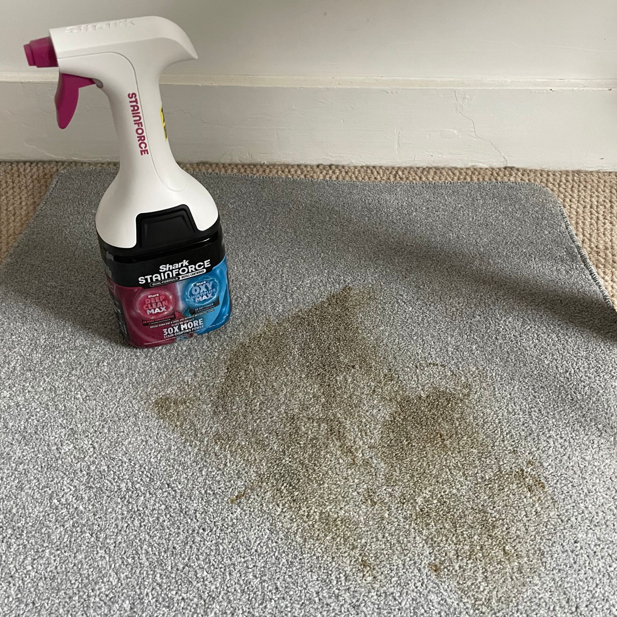 Shark Stainforce Spot Cleaner bottle next to a coffee stain on a grey carpet