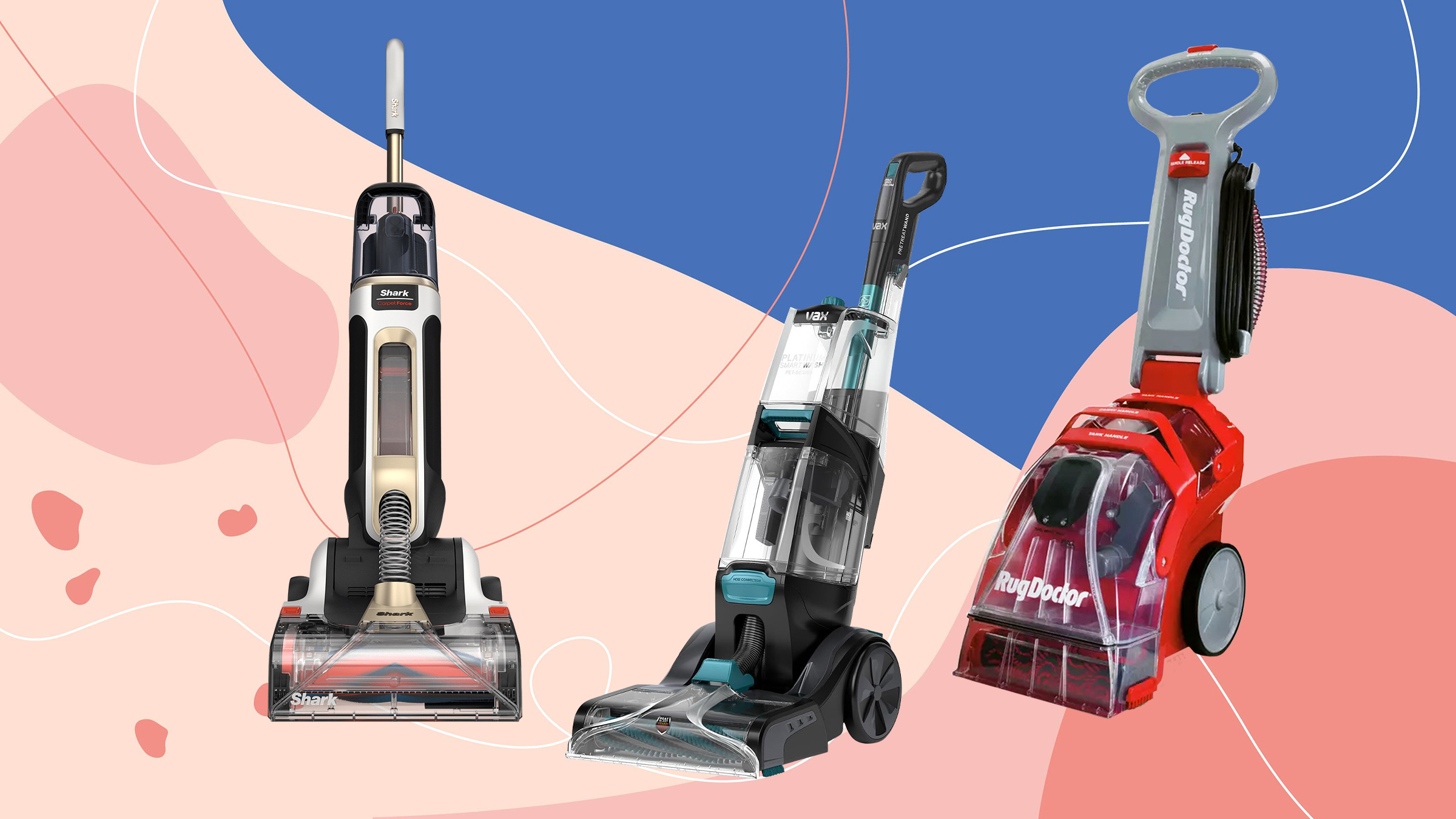 A Shark, VAX and Rug Doctor carpet cleaner on a pink and blue background