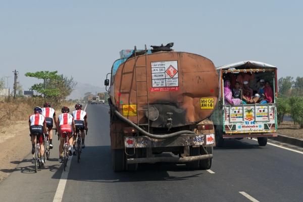 The Radioshack riders take on the local traffic on a training ride