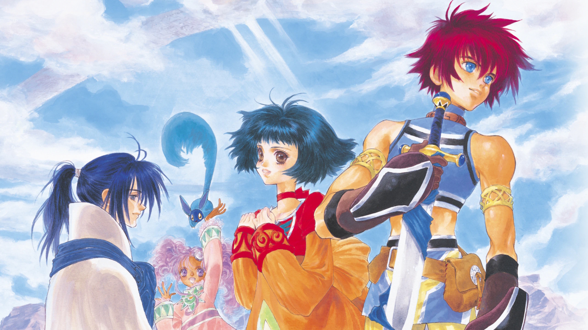 Tales of Eternia illustration with three characters against blue sky