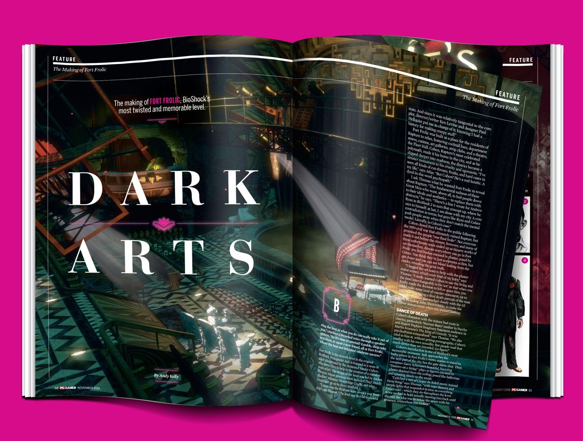 Some pages from our newest issue, including Gwent: The Witcher Card Game, Dawn of War III and the making of Fort Frolic in BioShock.