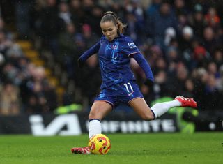 Guro Reiten of Chelsea scores her team's first goal from the penalty spot during the Barclays Women's Super League match between Chelsea FC and Arsenal FC at Stamford Bridge on January 26, 2025 in London, England.