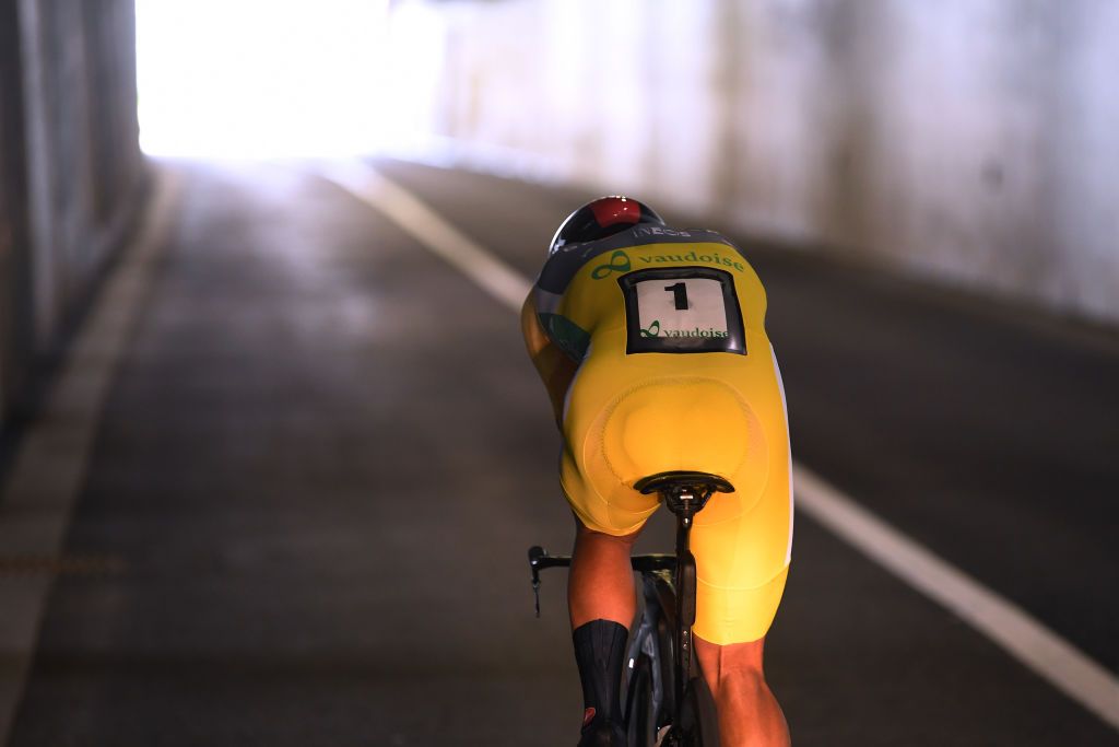 ANDERMATT SWITZERLAND JUNE 12 Richard Carapaz of Ecuador and Team INEOS Grenadiers Yellow Leader Jersey during the 84th Tour de Suisse 2021 Stage 7 a 232km Individual Time Trial stage from DisentisSedrun to Andermatt ITT Tunnel Landscape UCIworldtour tds tourdesuisse on June 12 2021 in Andermatt Switzerland Photo by Tim de WaeleGetty Images