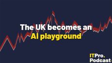 The text "The UK becomes an AI playground" against a dark blue background bearing a red and white line resembling AI stock. The words "AI playground" are in yellow, the rest are in white. In the bottom-right corner, the ITPro podcast is shown.