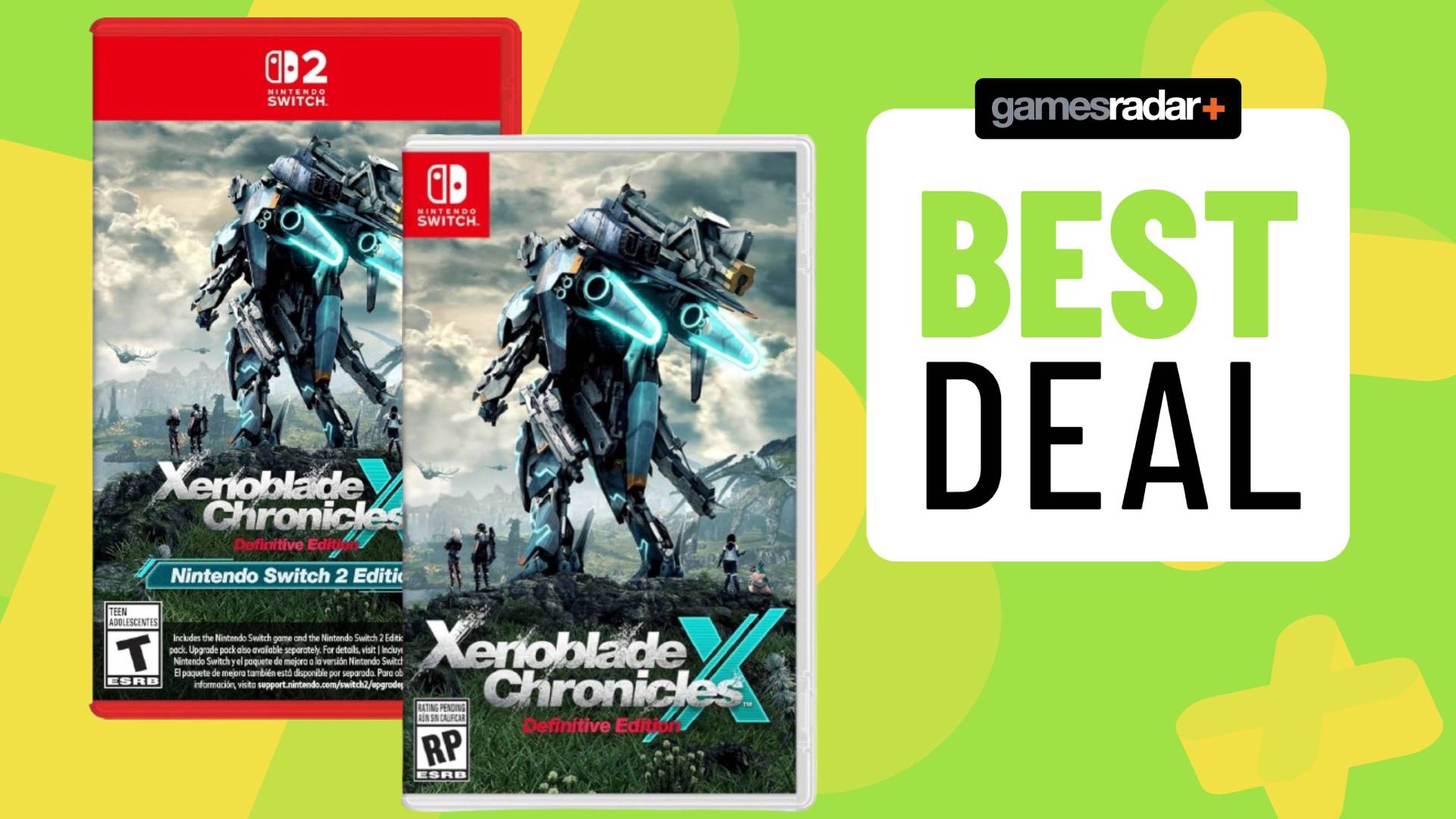Image of the Switch and Switch 2 versions of Xenoblade Chronicles X Definitive Edition on a light green GamesRadar+ background.