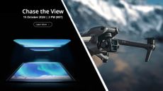 An invite for a DJI event next to the DJI Air 3 drone flying in the mountains