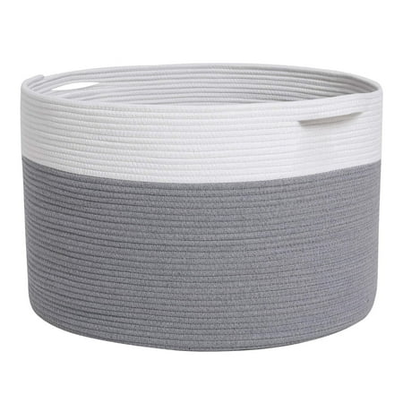 Torio Large Blanket Basket, 21.65" X 13.77" Cotton Woven Storage Basket Perfect for Blankets, Clothes, Toys, and More Collapsible, Machine Washable, Grey & White