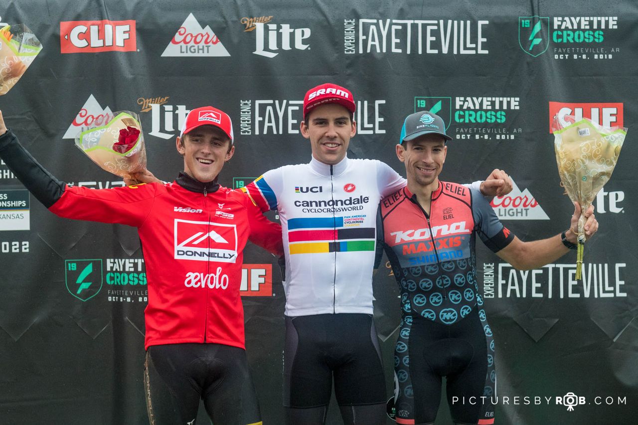The men's podium: Gage Hecht (Donnelly Aevolo), Curtis White (Cannondale p/b Cyclocrossworld), and Kerry Werner (Kona Maxxis Shimano)
