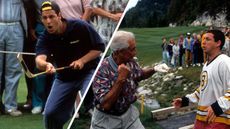 Happy Gilmore hits a putt with an ice hockey stick, whilst Bob Barker punches Happy Gilmore