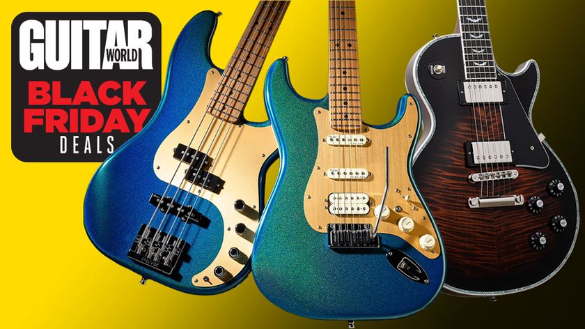 Fender Ultra II Precision Bass and Stratocaster in Aurora and Gibson Custom Les Paul Custom Bats in Flight in Dark Orange Burst on a yellow background