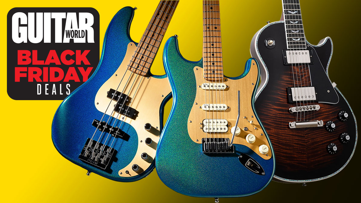 Fender Ultra II Precision Bass and Stratocaster in Aurora and Gibson Custom Les Paul Custom Bats in Flight in Dark Orange Burst on a yellow background