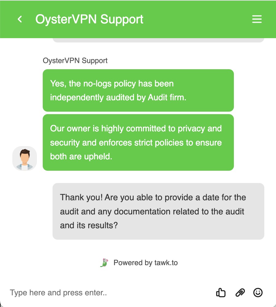 OysterVPN live chat no-logs audit