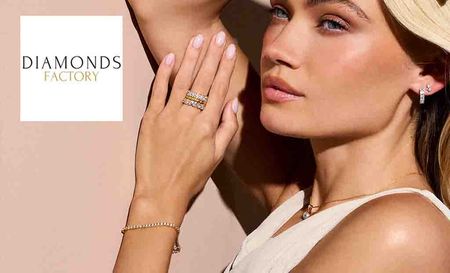 diamonds factory logo top left with a blonde woman posing with ring on finger