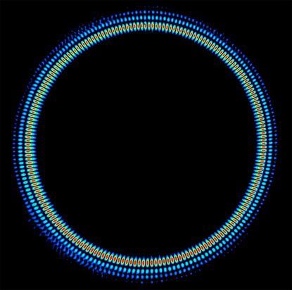 Here, a false-color image of a laser beam showing a superposition of entangled photons spinning in opposite directions.
