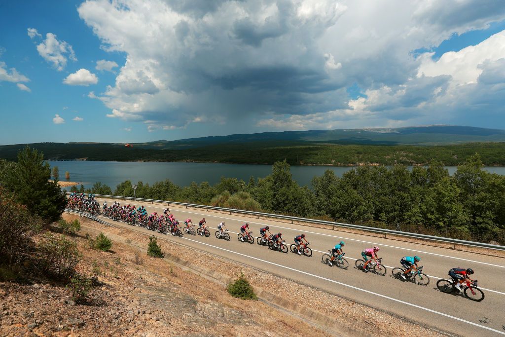 NEILA SPAIN AUGUST 06 A general view of the peloton passing through a landscape during the 44th Vuelta a Burgos 2022 Stage 5 a 170km stage from Lerma to Lagunas de Neila 1867m VueltaBurgos on August 06 2022 in Neila Spain Photo by Gonzalo Arroyo MorenoGetty Images