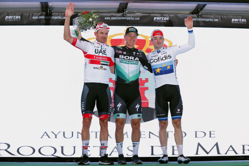 ROQUETAS DE MAR SPAIN FEBRUARY 16 Podium Alexander Kristoff of Norway and UAE Team Emirates Pascal Ackermann of Germany and Team Bora Hansgrohe Elia Viviani of Italy and Team Cofidis Solutions Credits Celebration during the 33rd Clsica de Almera 2020 a 1876km stage from Roquetas de Mar to Roquetas de Mar ClasicaAlmeria on February 16 2020 in Roquetas de Mar Spain Photo by Gonzalo Arroyo MorenoGetty Images