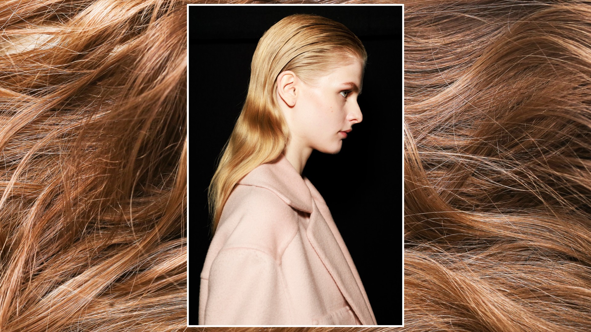 a backstage photo of a woman with long, blonde hair layered on top of a generic photo of light brown hair extensions