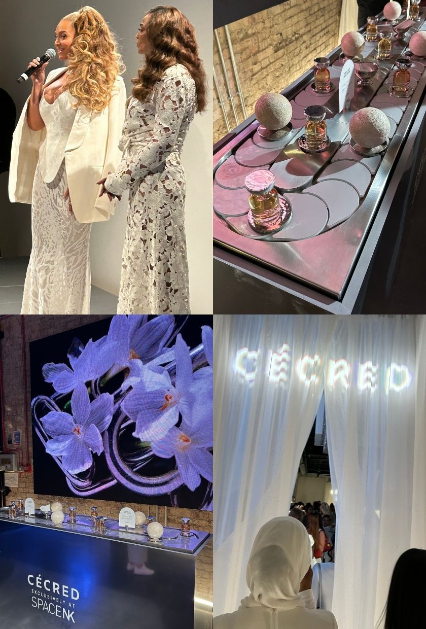Close-up shots of Beyoncé and Miss Tina Knowles, the Temple Oud hair fragrance, and entrance to the Cécred X SPACENK launch party