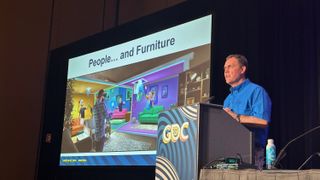 Jesse Schell, CEO at Schell Games, at a podium for his GDC panel, "The Future of MR Experiences". The slide text reads "People...and Furniture" with a merging of four players' homes in one MR space.