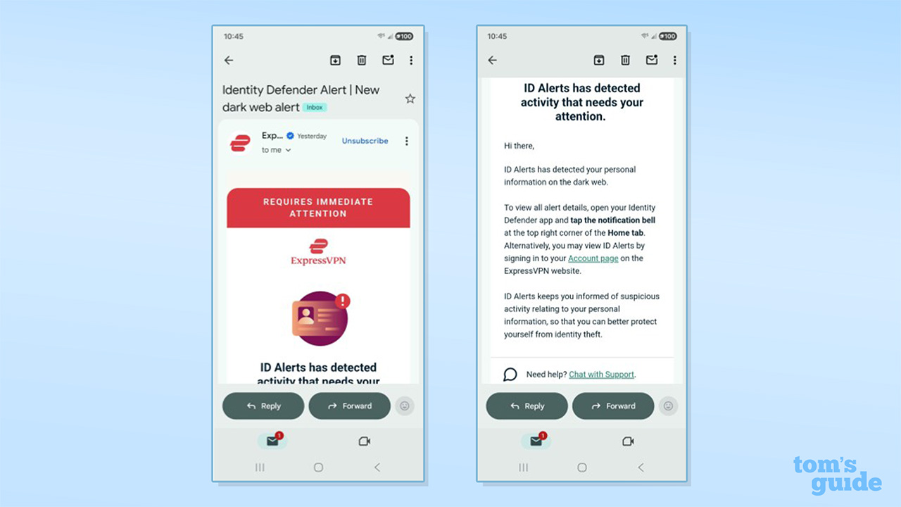 تصاویری از هشدارهای شناسه ایمیل برای برنامه ExpressVPN's Identity Defender.