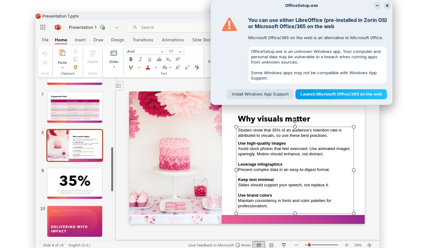 A Zorin OS 18 screenshot showing the new Windows App Support warning.